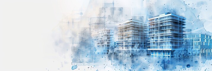 A digital painting of an abstract cityscape. The image features tall, modern buildings in various shades of blue and grey, creating a sense of depth and dimension.
