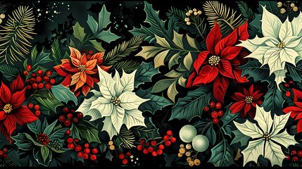 Retro red and green flowers plant pattern illustration poster background - obrazy, fototapety, plakaty
