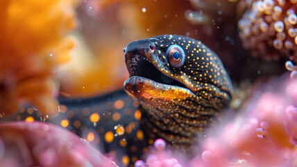 A close-up of a moray eel underwater - obrazy, fototapety, plakaty