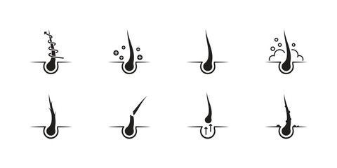 Treatment and problems with hair. A set of hair icons. Hair loss, sectioning, strengthening, nutrition and various hair care.