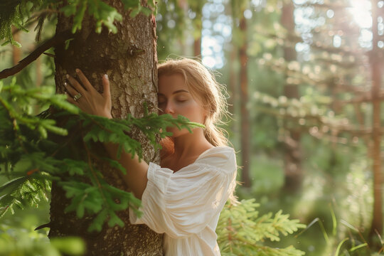 Symbol image of forest bathing (Shinrin Yoku): Young woman sensually hugging a tree (A.I.-generated)