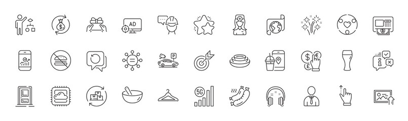 Grilled sausage, Recovery data and Human line icons. Pack of Money currency, Seo adblock, Upload photo icon. Touchscreen gesture, Fireworks, 5g wifi pictogram. Ethics, Give present. Line icons. Vector