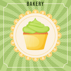 Card with cupcake. Sweet shop banner, poster, social ,media post template with tasty muffin