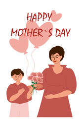 The son gives his mother a bouquet of flowers and heart-shaped balloons and congratulates her on the holiday. Mothers Day. Vector illustration, greeting card, vertical banner