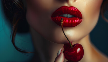 Beautiful woman with red lips and cherry on dark background, closeup