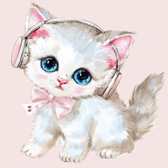 Cute Kitten Using a Headphone Wearing A Pink Bowtie Sitting On a Pink Background, Vintage Greeting Card Concept, 1970 Art