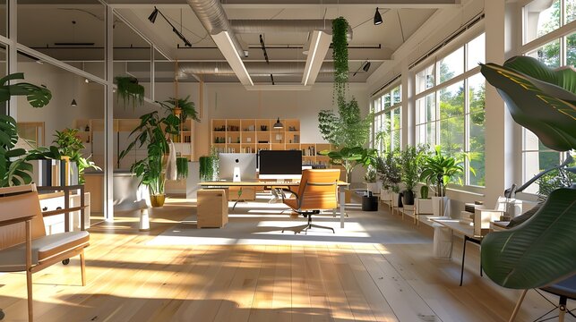 An environmentally friendly co working office space computer generated of an open plan office interio