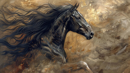 A beautiful black horse with a long flowing mane is running through a field of tall grass