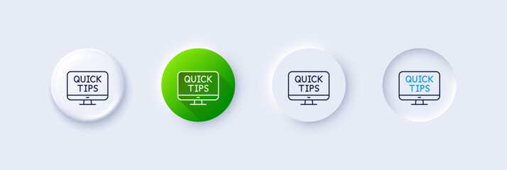 Quick tips line icon. Neumorphic, Green gradient, 3d pin buttons. Helpful tricks sign. Web tutorials symbol. Line icons. Neumorphic buttons with outline signs. Vector