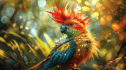 A beautiful, vibrant parrot sits on a branch in the jungle. The parrot has bright red, green, and blue feathers