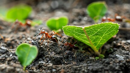 Ants help biting green leaf to build nest