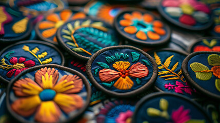 Fototapeta na wymiar Realistic Embroidery Art: A Vibrant and Detailed Mockup of an Embroidered Patch for Apparel and Accessories