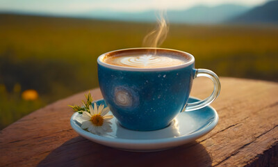 a cup of coffe in nature with daisy on side, beautiful picture of coffe with space drawing on cup