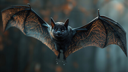 A black bat is flying in the night sky. Its wings are spread wide and its teeth are bared