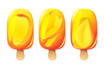 Mango ice cream, fruit popsicle on a wooden stick with mango pieces. Summer cold dessert, frozen juice, fruit ice. Vector illustration.