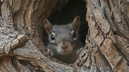 Baby tree squirrel peeks from nest.