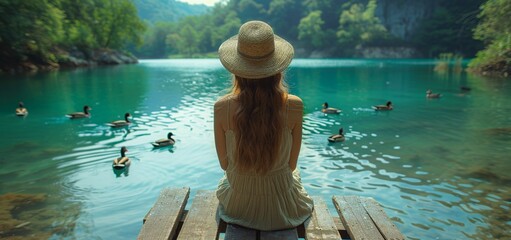 Peaceful Lakeside Retreat: Woman Enjoying View with Ducks