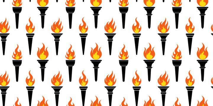 Burning torch seamless pattern on a white background. Background for sports competitions. Vector illustration, flat