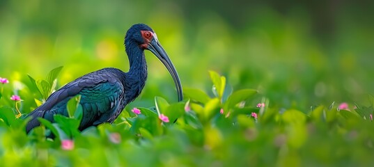 Elegant scarlet faced ibis in the golden hour splendor of serene marshland habitat - obrazy, fototapety, plakaty