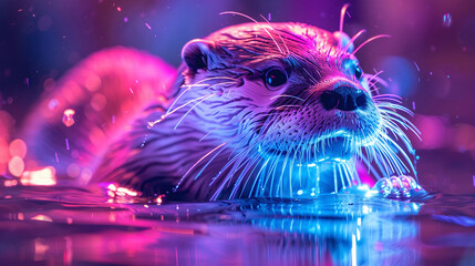 A cute otter is playing in the water. The otter is surrounded by beautiful bokeh lights. The otter is very happy and playful