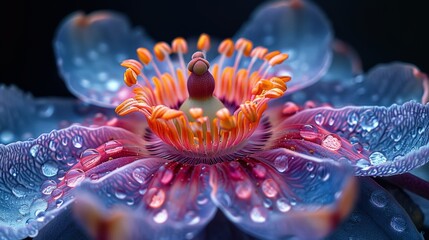 A macro image of a flower with raindrops on its petals. The flower is blue, purple, and pink, and the raindrops are clear. The image is taken from a side angle, and the flower is in focus. The backgro