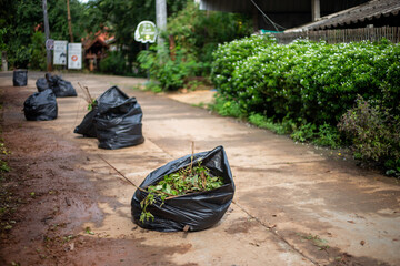 selective focus black trash bag full of weeds Along the side of a country road Clean and remove...