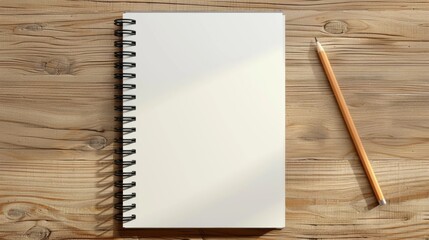 Top view of open spiral blank paper notebook with pencil on wooden table desk background. Top view