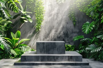Minimalist concrete podium in the midst of lush green foliage inside a tropical greenhouse