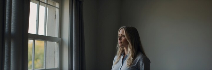 woman looking through window