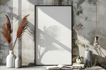 A mockup of a vertical empty picture frame in a natural setting with textured wall and plant shadows