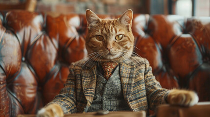 A ginger cat wearing a suit and tie is sitting in a leather chair, looking like the boss