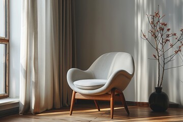 Modern chair and vase by a sunny window