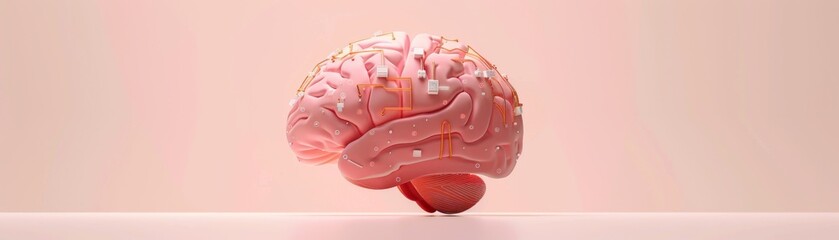 A pink and white 3D rendering of a brain on a pink background. The brain is made up of small cubes.