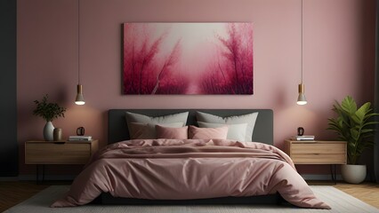 Horizontal Wall Art Mockup, Interior Design of Bedroom Pink Theme, Bedroom Wall Art Mockup 2