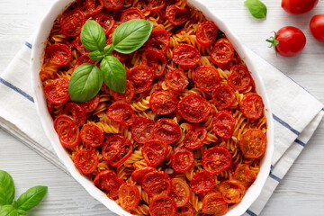 Homemade Easy Tomato Basil Pasta Bake, top view.