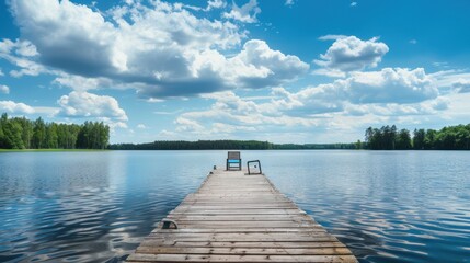 Fototapeta premium Landscape with a long wooden pier with chairs for fishing and relaxing enjoying the lake view