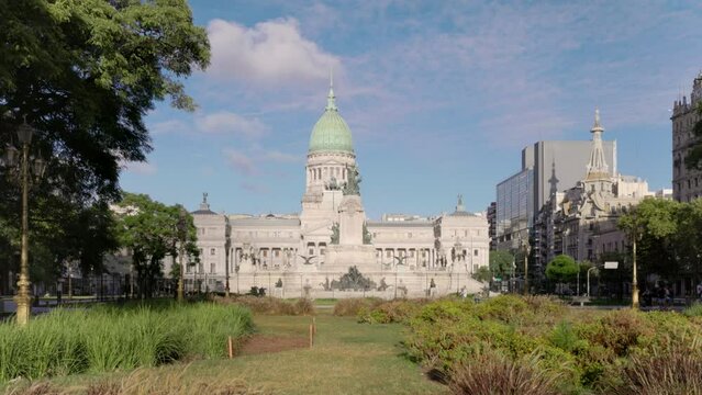 a front view of the historic palace of the argentine national congress from plaza mariano moreno in buenos aires, argentina