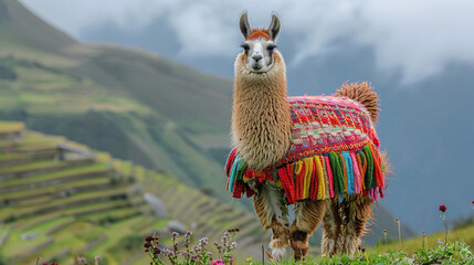 A llama standing on a lush green field in the Andes Mountains of South America