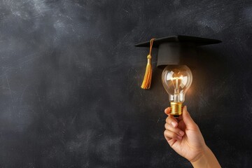 Hand holding a light bulb with graduation hat, concept of graduation, creativity, knowledge. - obrazy, fototapety, plakaty