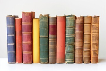 Row of books on white background, concept of studies, learning, knowledge, World Book Day.