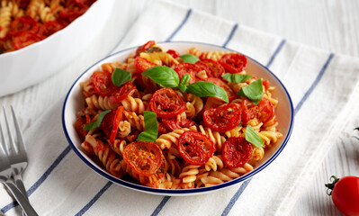 Homemade Easy Tomato Basil Pasta Bake, side view.