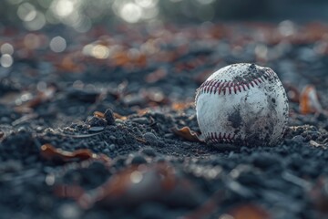 Baseball ball on the ground of a baseball field, sports concept.