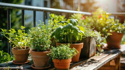 Urban gardening concept with herbs and vegetables grown in small containers on a sunny patio.