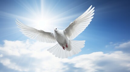 a white dove flying on the light blue sky background