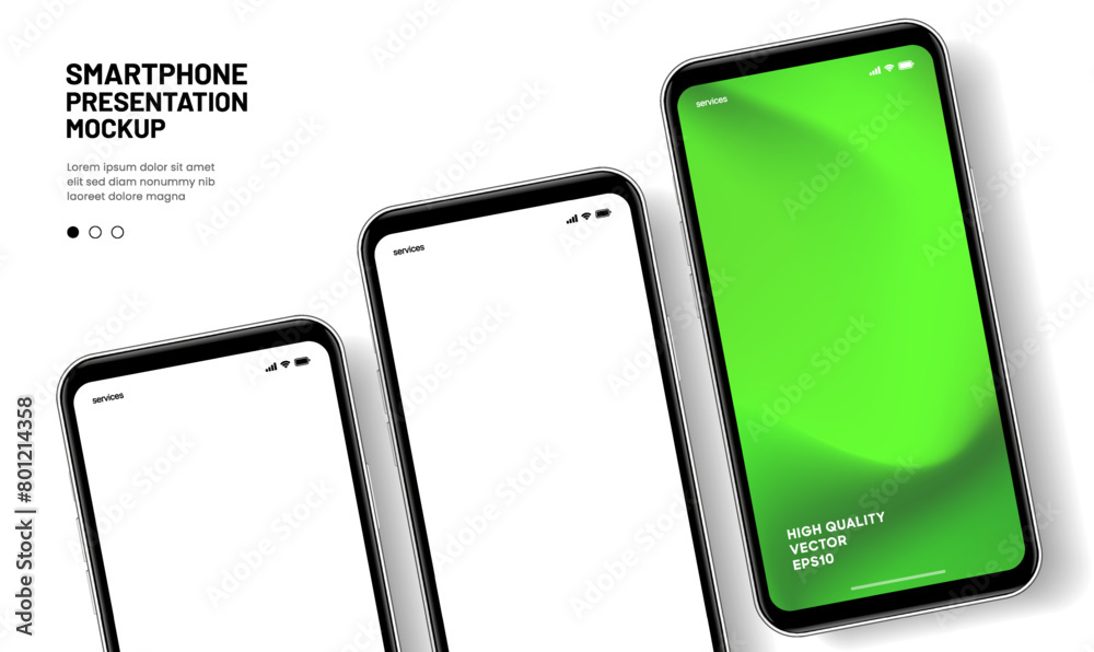 Poster Realistic smartphone mockup. Mobile phone vector with isolated on white background. Device front view. 3D mobile phone with shadow. Realistic, high quality smart phone mockup for ui ux presentation.