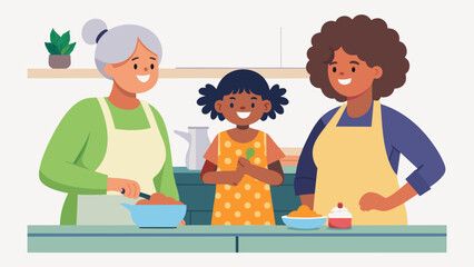 Three generations of women gathered in a kitchen preparing food for a Juneteenth potluck and sharing stories of their familys history.. Vector illustration