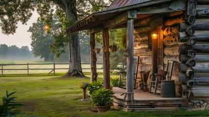 Traditional log cabin in a rural setting, featuring a cozy porch and tranquil natural surroundings.