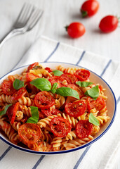 Homemade Easy Tomato Basil Pasta Bake, side view.