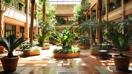 Obraz premium Sunlit courtyard filled with potted plants and seating areas, offering a peaceful retreat within a commercial complex.