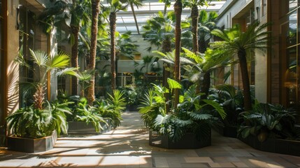 Fototapeta premium Sunlit atrium filled with tall palms and ferns, providing a serene oasis within the confines of the building.